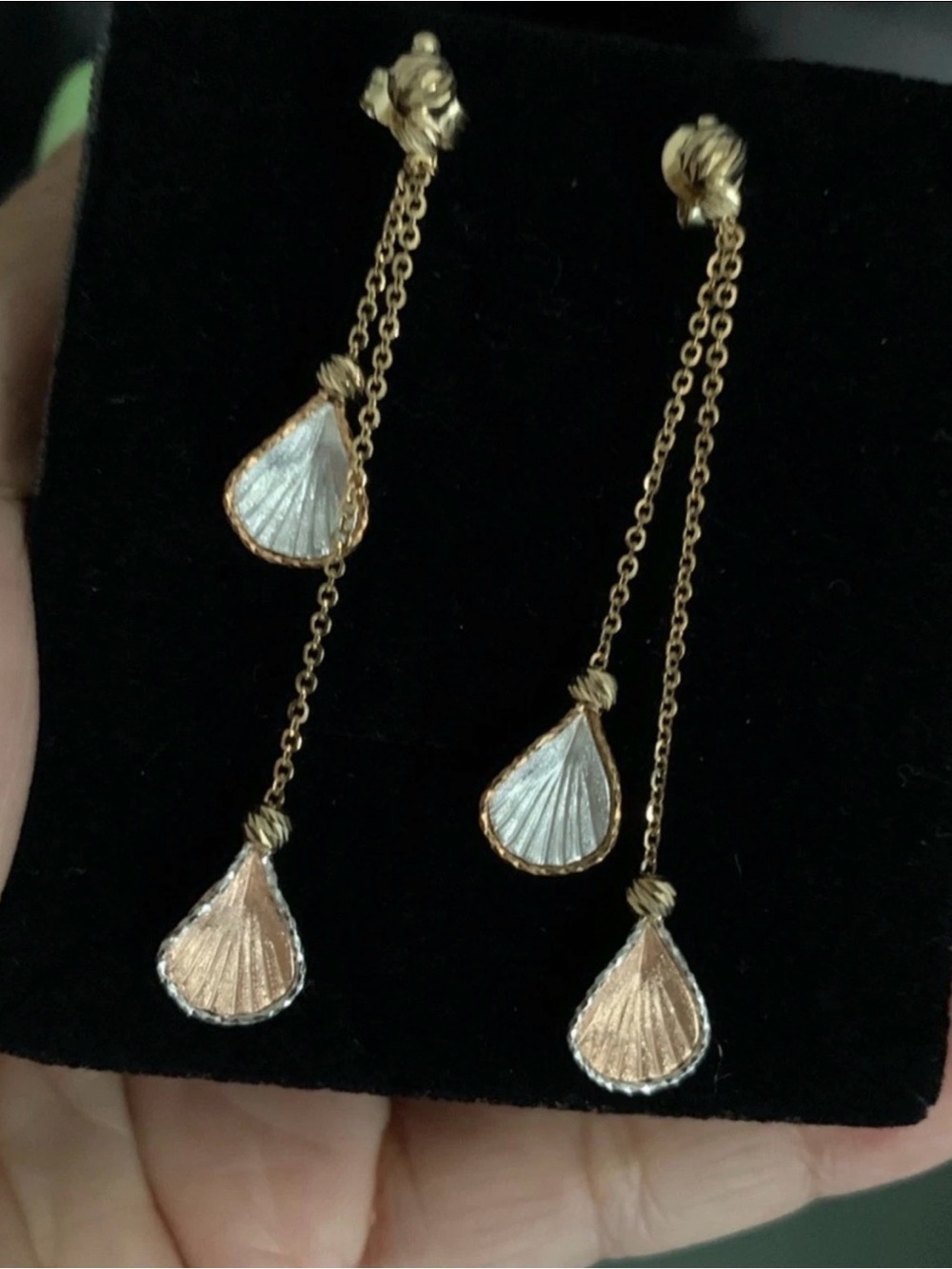 Tri-Color 14K Gold Calla Lily Long Dangle Earrings, Seashell - Picture 8 of 9